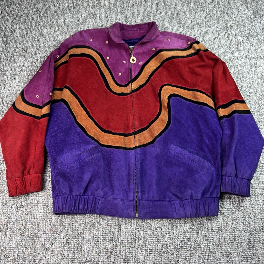 Vintage Scott Gregory Mens Large Colorful Suede Leather Bomber Jacket Red Purple